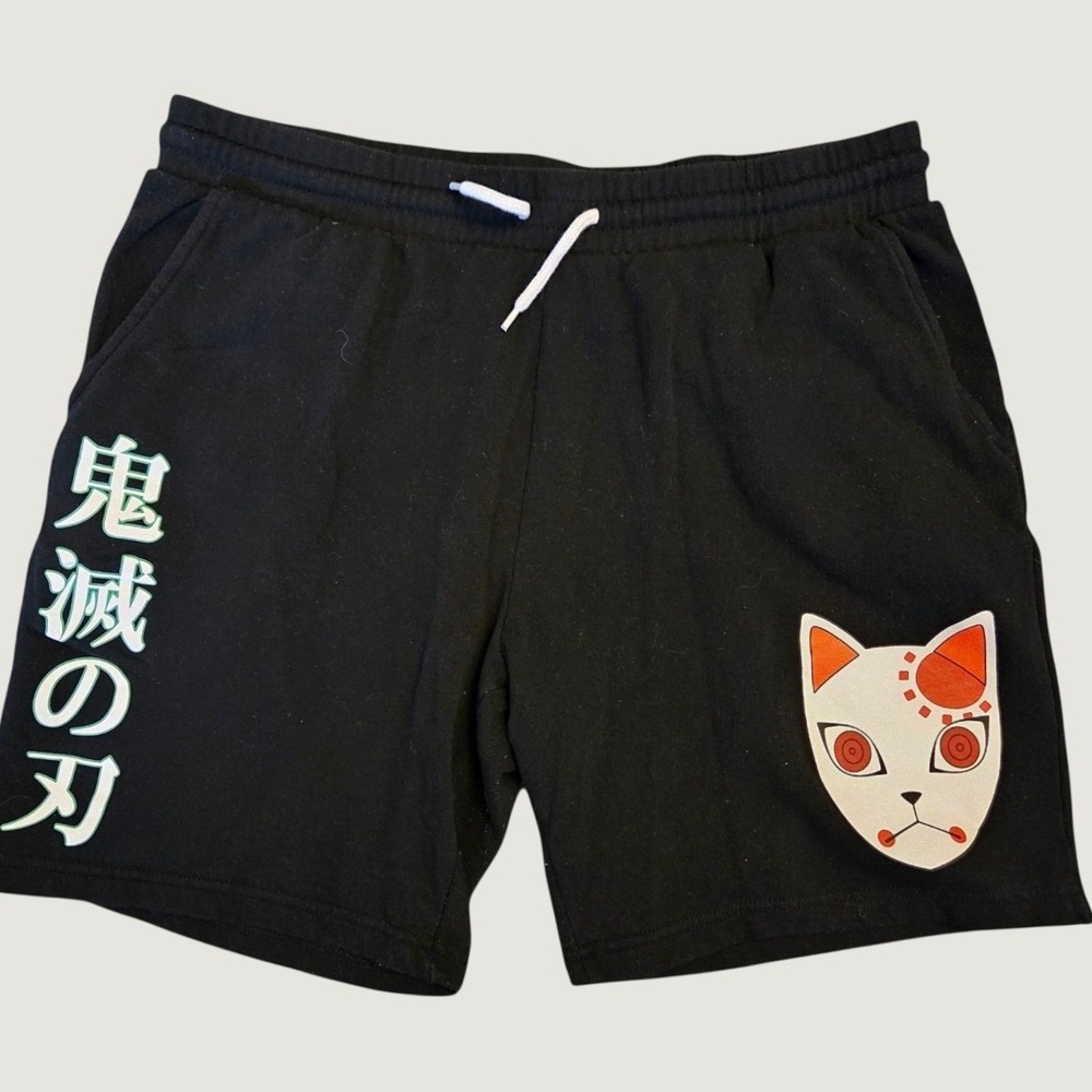 Demon Slayer Tanjiro Fox Mask Black Sweat Shorts Mens Large 36-38 Anime Kanji